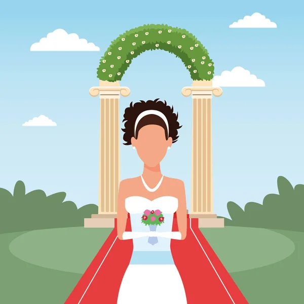 Bride standing and holding a bouquet of flowers over floral arch — 스톡 벡터