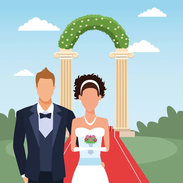 Just married couple standing over floral arch and landscape — 스톡 벡터
