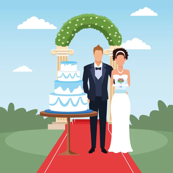 新婚夫妇站在婚礼蛋糕和花卉拱门周围，五彩斑斓的设计 — 图库矢量图片