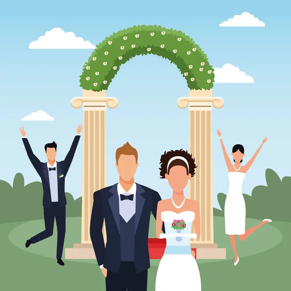 Floral arch with happy just married couples over landscape background — 스톡 벡터