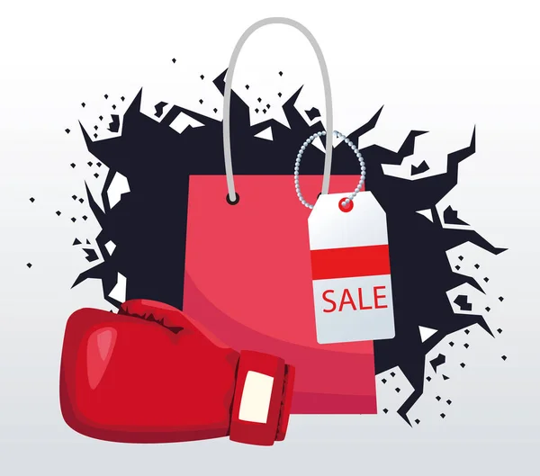 Box prodej barevný design s nákupní taškou a boxerskou rukavicí — Stockový vektor