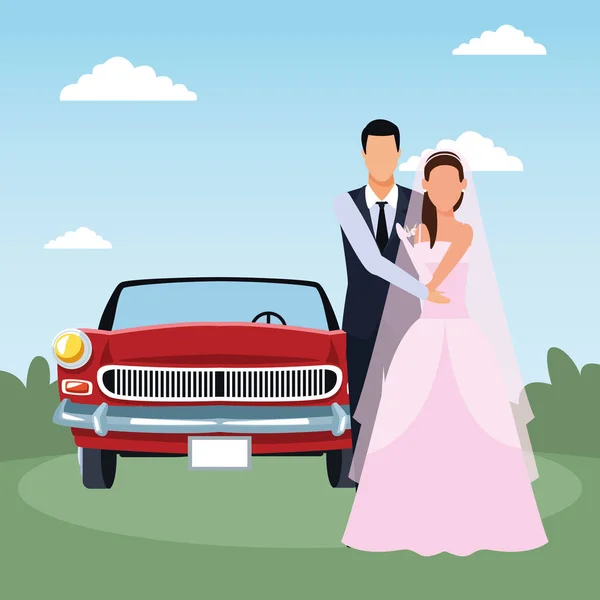 Sadece evli çift ayakta ve manzara üzerinde kırmızı klasik araba, renkli tasarım — Stok Vektör