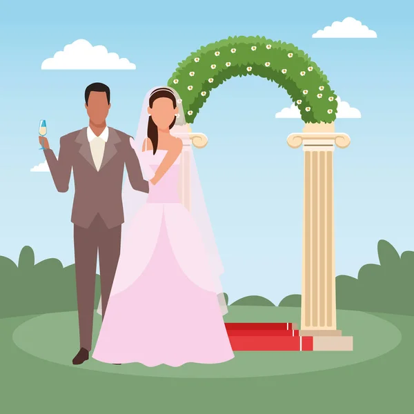 新婚夫妇站在花卉拱顶和景观背景之上 — 图库矢量图片