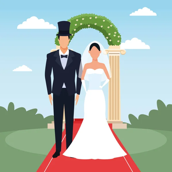 新郎和新娘站在花卉拱顶和景观背景之上 — 图库矢量图片