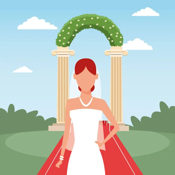 Bride over floral arch and landscape backgorund, colorful design — 스톡 벡터