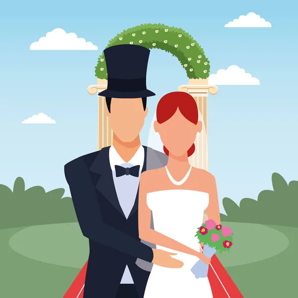 Bräutigam und Braut stehen über floralem Bogen und Landschaft Hintergrund, farbenfrohes Design — Stockvektor