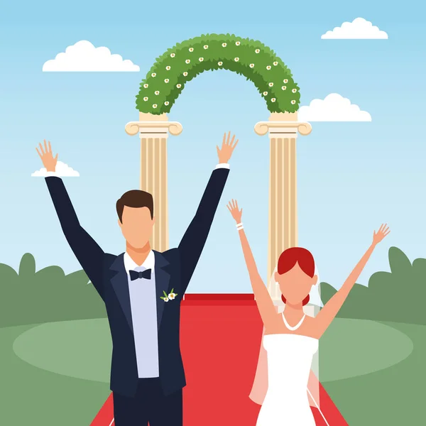 Happy wedding couple over floral arch and landscape background, colorful design — 스톡 벡터