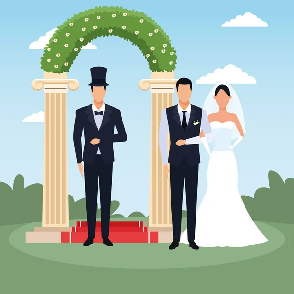 Avatar elegant man with bride and groom standing over floral arch and landscape background — 스톡 벡터