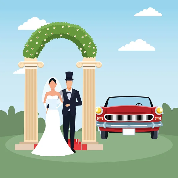 Květinový oblouk, právě ženatý pár a červené klasické auto na pozadí krajiny, barevný design — Stockový vektor