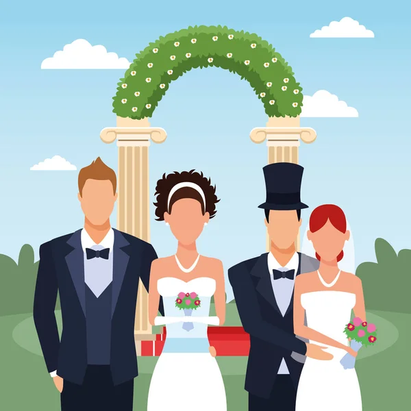 Just married couples standing over floral arch and landscape background — 스톡 벡터