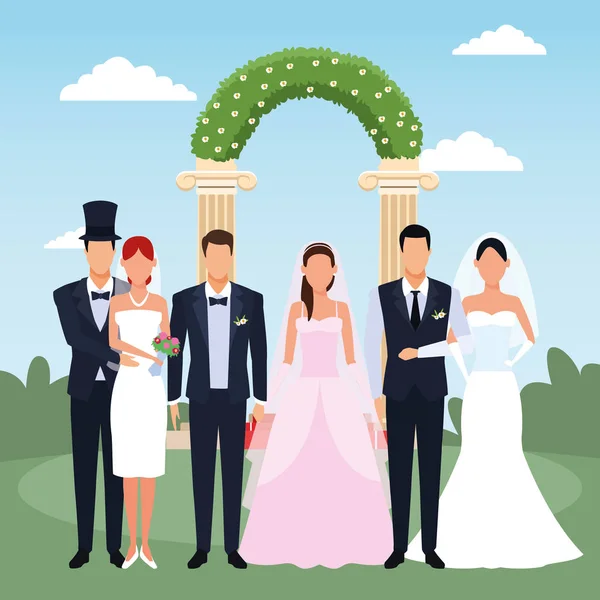 Just married couples standing over floral weding arch and landscape background — 스톡 벡터