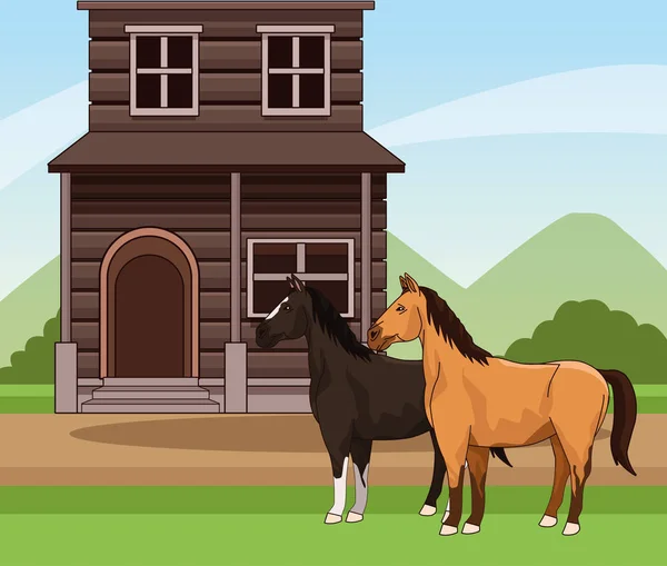 Западные пейзажи с лошадьми и деревянные здания на фоне пейзажа — стоковый вектор