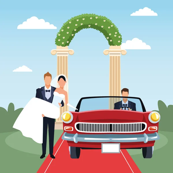 Groom holding bride in his arms and red classic car in just married scenery, colorful design — 스톡 벡터