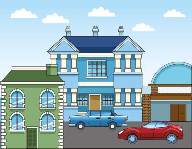 Klasik araba ve binaları olan şehir manzarası