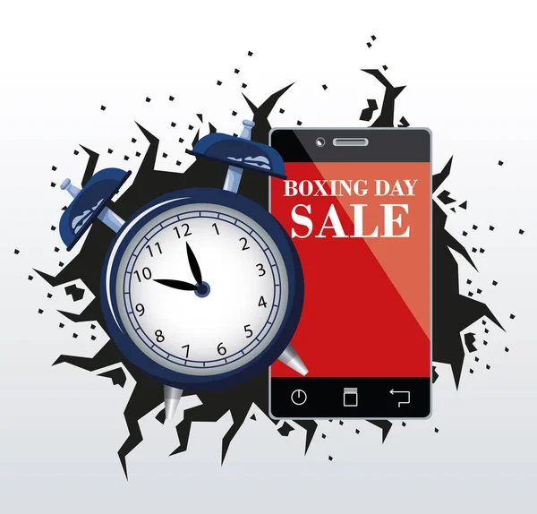 Box Day Sale Design mit Wecker und Smartphone — Stockvektor