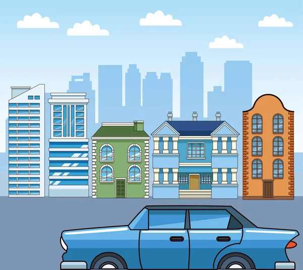 Edificios clásicos y coche azul sobre fondo urbano de la ciudad, diseño colorido — Vector de stock