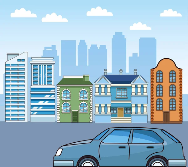 Paisaje urbano de la ciudad con coche azul y edificios, diseño colorido — Vector de stock