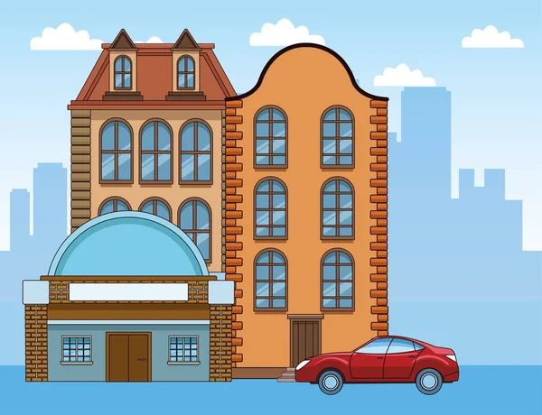 都市を背景にした古典的な建物や赤い車、カラフルなデザイン — ストックベクタ