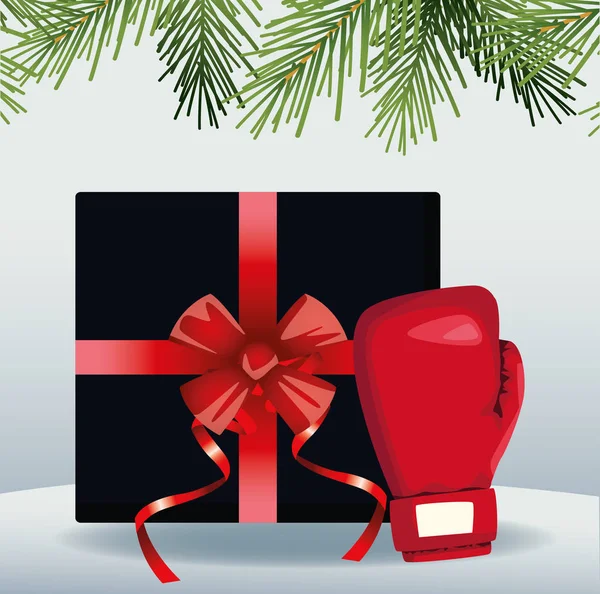 Vente de boxe design coloré avec boîte cadeau et gant de boxe sur fond gris — Image vectorielle