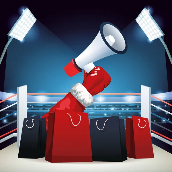 Anillo de boxeo con bolsas de compras y megáfono — Vector de stock