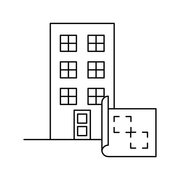 Fachada frontal del edificio con plano de papel — Vector de stock