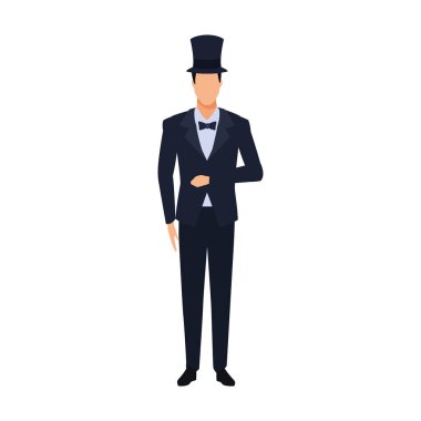 Silindir şapka ikonuna sahip zarif adam, düz tasarım.