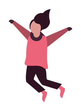 Kış kıyafetleri içinde zıplayan genç mutlu kız.