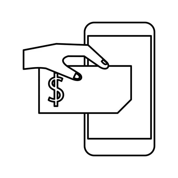 Rukou s bankovkou a smartphonem — Stockový vektor