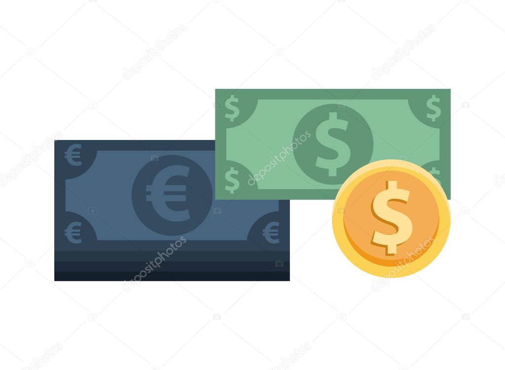 euro and dollars bills with coin money