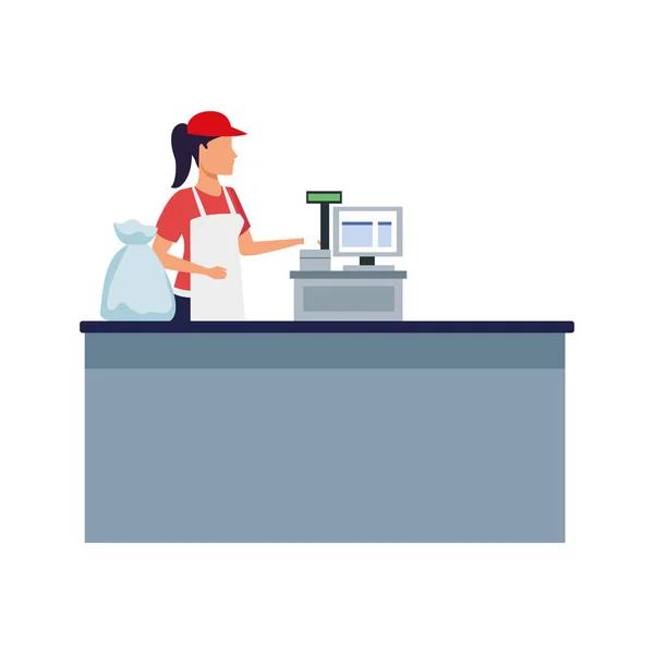 Woman cashier in the cash icon, flat design — 스톡 벡터