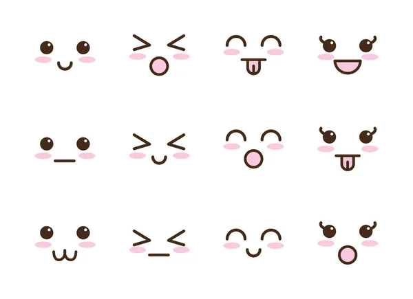 Manojo de caras kawaii caracteres — Vector de stock