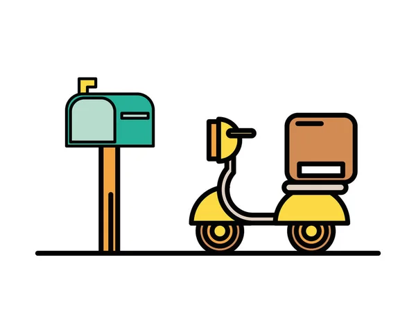Veicolo motociclistico con box imballaggio servizio postale — Vettoriale Stock