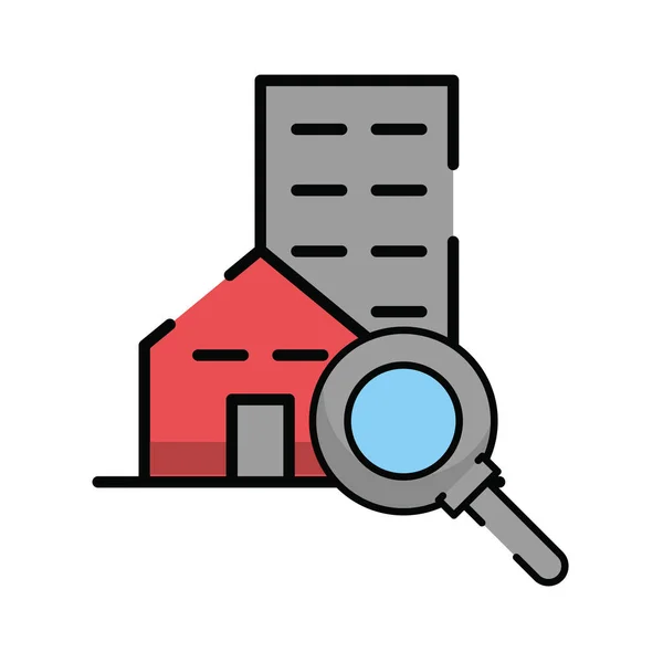 Magnifying glass search with building — 스톡 벡터