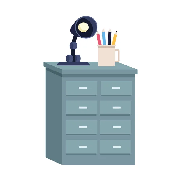 Drawer with lamp and mug with pencils — 스톡 벡터