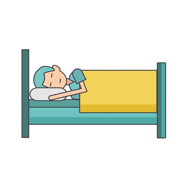 Hombre durmiendo en el icono de la cama, diseño colorido — Vector de stock