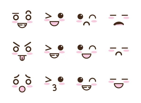 Paquet de visages caractères kawaii — Image vectorielle