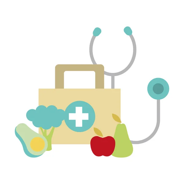 Stethoscope, first aid kit and healthy fruits and vegetables icon — Stock Vector