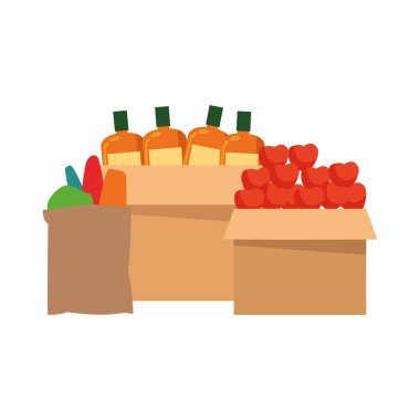 Sebzeli kutular ve süpermarket malzemeleri.
