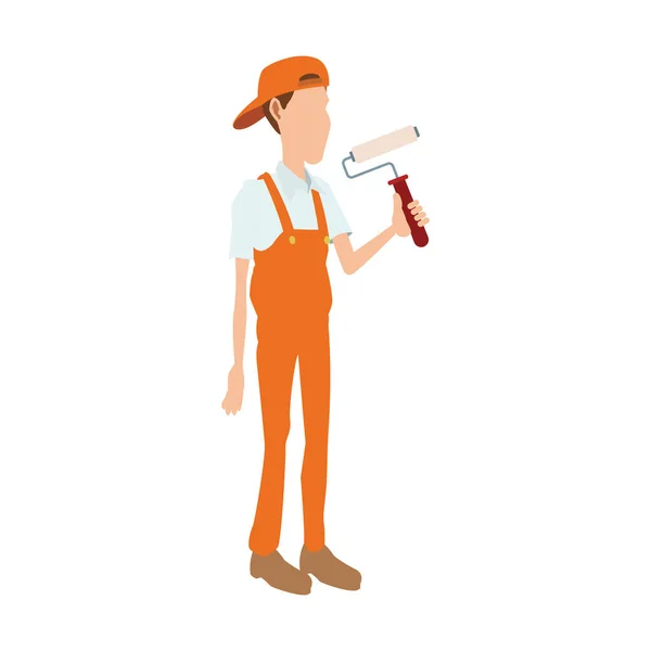Cartoon construction worker holding a paint roller icon — Stock Vector