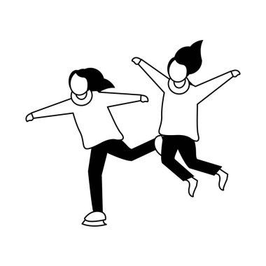 Kış giysileri ve patenleriyle genç mutlu kızlar.