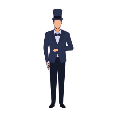 Silindir şapka ikonuna sahip zarif adam, düz tasarım.