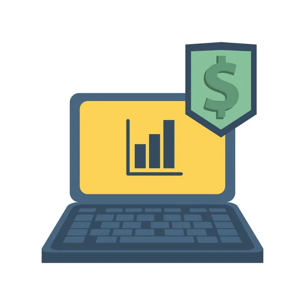 Laptop computer met financiële statistieken en schild geld — Stockvector