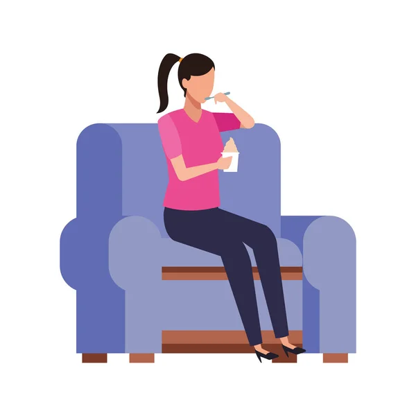 Femme assise sur le canapé icône, design plat — Image vectorielle