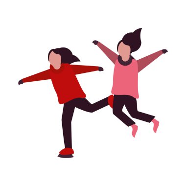 Kış giysileri ve patenleriyle genç mutlu kızlar.