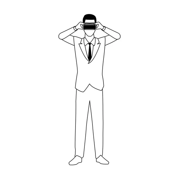 Homme d'affaires avec icône de lunettes de réalité virtuelle, design plat — Image vectorielle