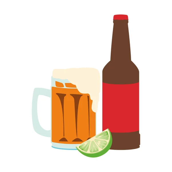 Bira kupası ve şişe simgesi, düz tasarım. — Stok Vektör
