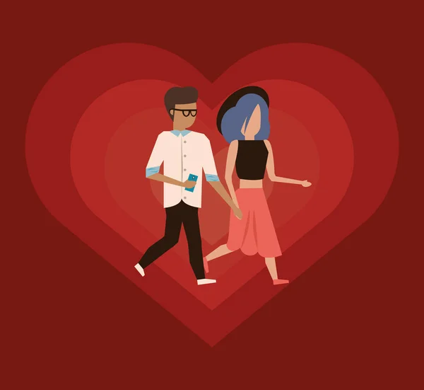 Cute lovers couple characters with heart love — Stock Vector