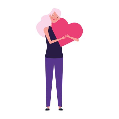 Mutlu kadın kalp ikonuna sarılıyor, düz tasarım.