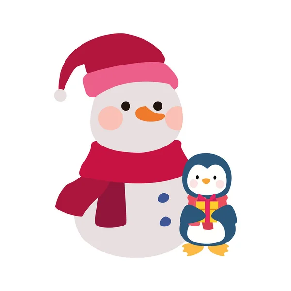 Икона рождественского снеговика и пингвина — стоковый вектор