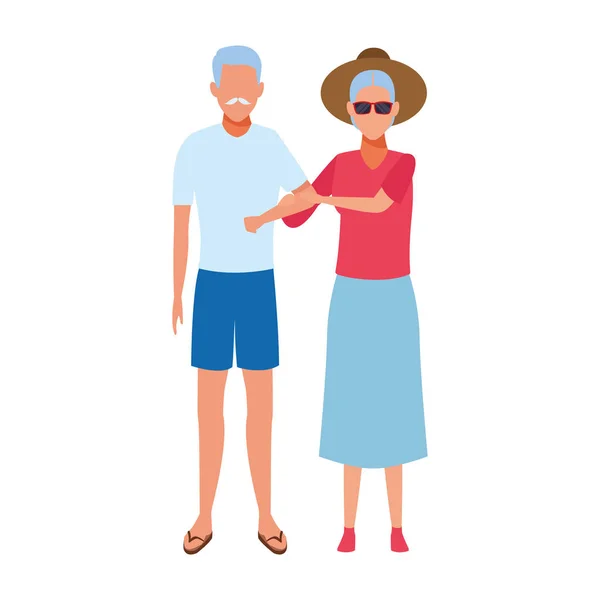 Avatar casal velho vestindo roupas de praia, design plano — Vetor de Stock